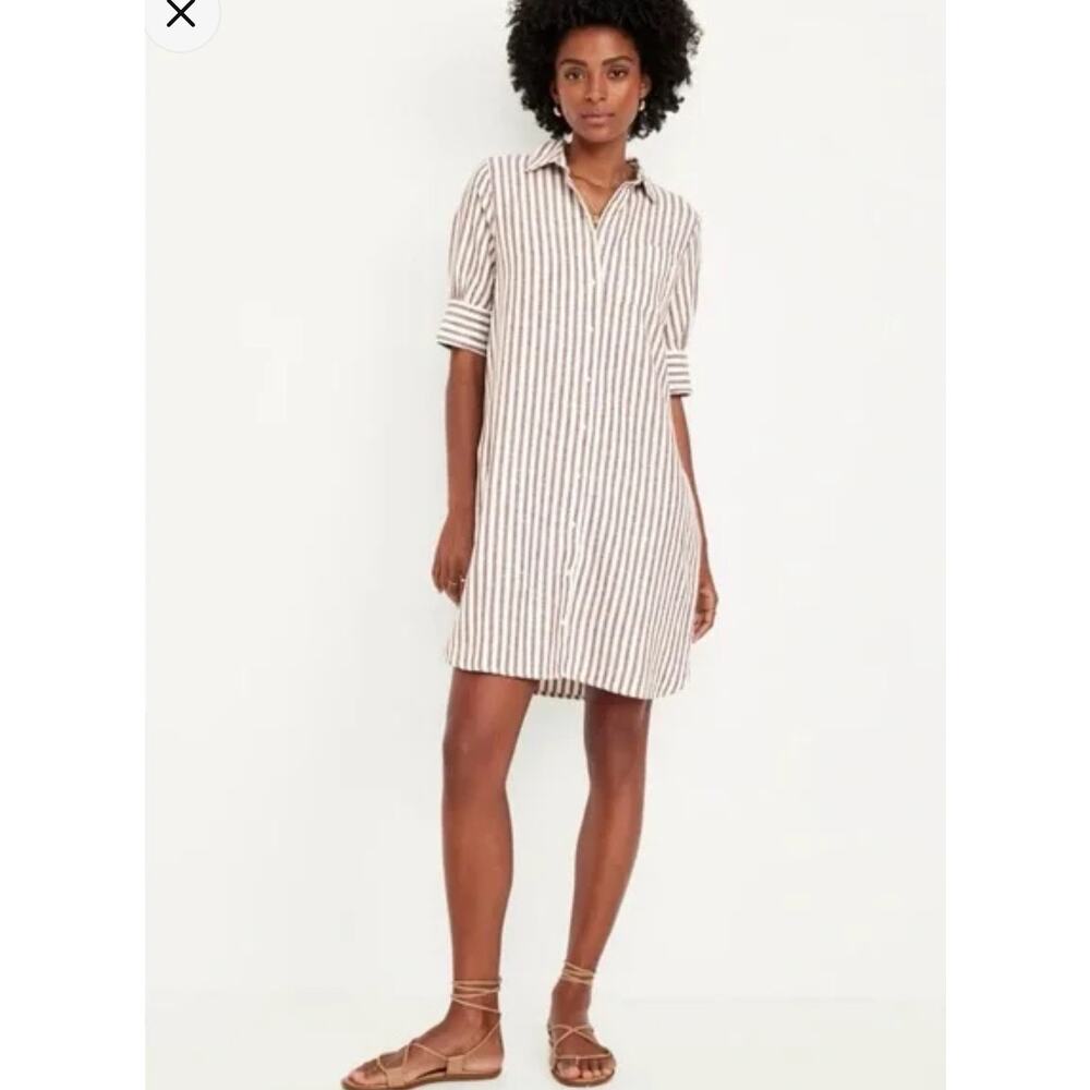 NWT Old Navy Linen Blend Shirt Dress Brown White Stripe Womens Size Medium